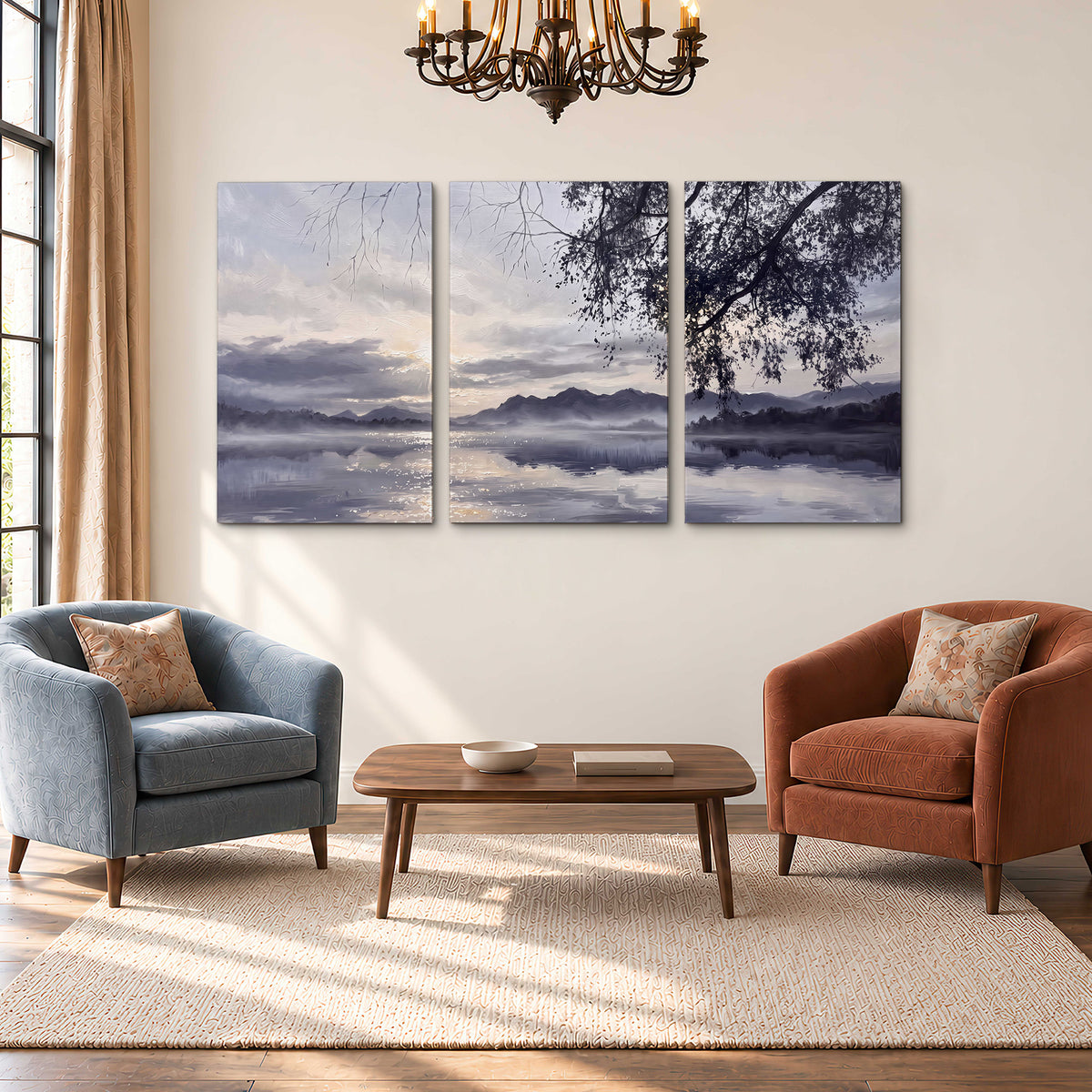 Quiet gray-blue water and dark overhanging branches beneath evening clouds 3 piece canvas wall art styled in an interior