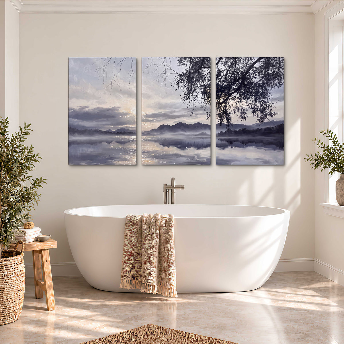Quiet gray-blue water and dark overhanging branches beneath evening clouds 3 piece canvas wall art styled in an interior