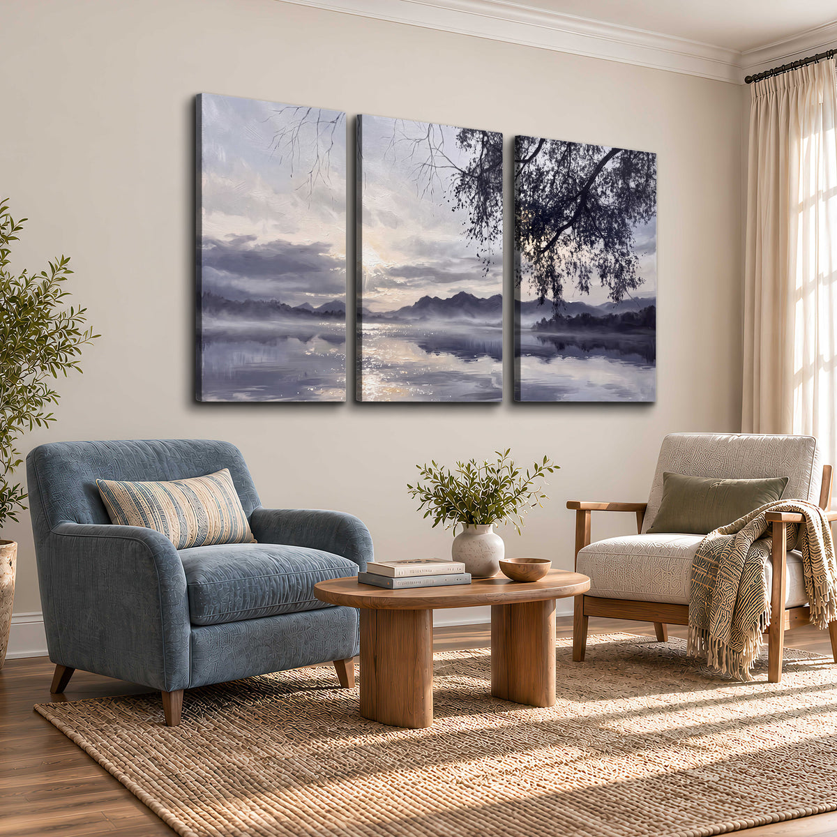 Quiet gray-blue water and dark overhanging branches beneath evening clouds 3 piece canvas wall art styled in an interior