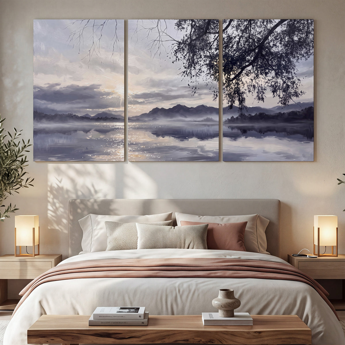 Quiet gray-blue water and dark overhanging branches beneath evening clouds 3 piece canvas wall art displayed in a bedroom
