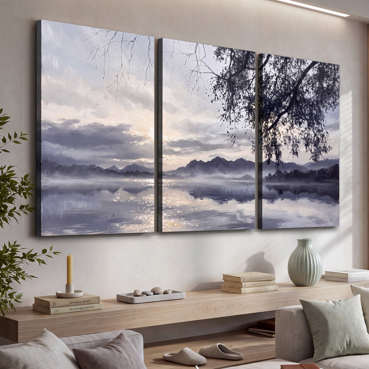 Quiet gray-blue water and dark overhanging branches beneath evening clouds 3 piece canvas wall art displayed in a console