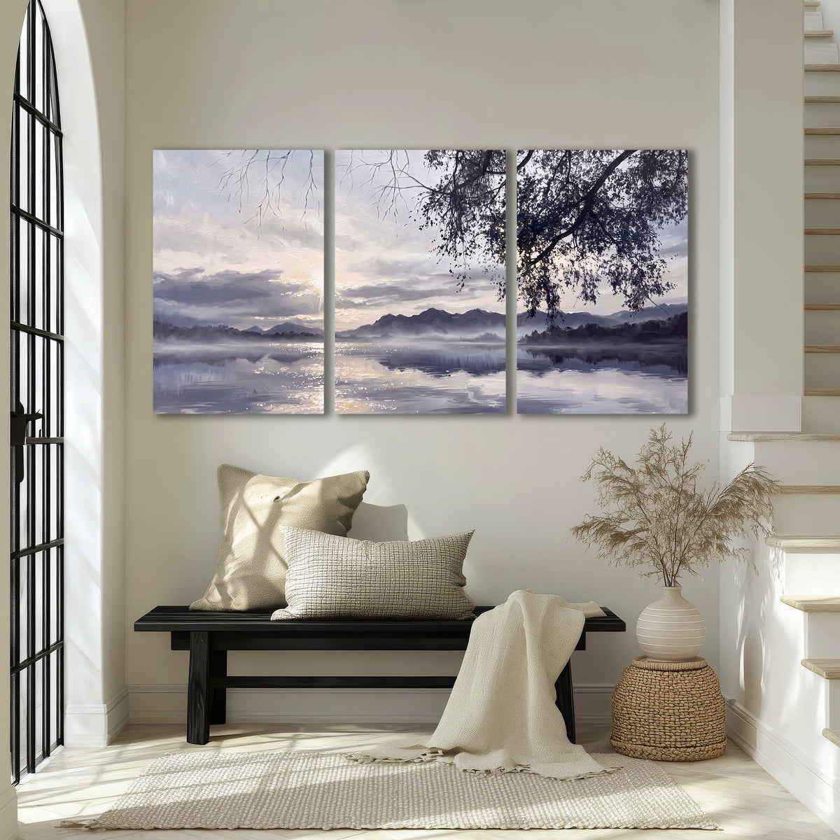 Quiet gray-blue water and dark overhanging branches beneath evening clouds 3 piece canvas wall art displayed in a entryway