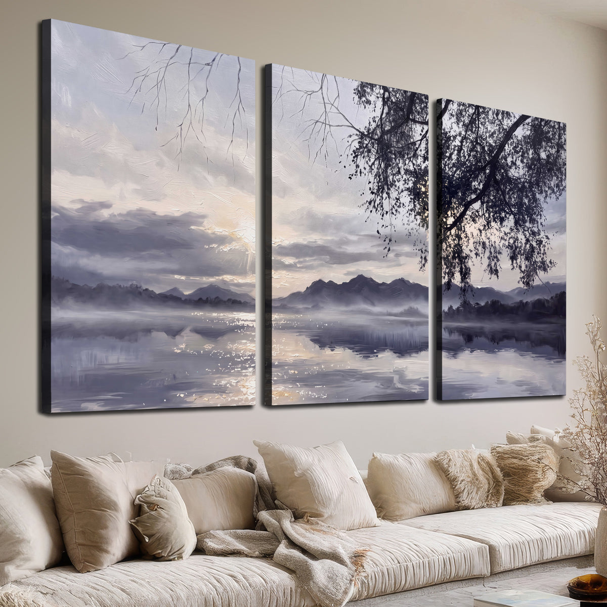 Quiet gray-blue water and dark overhanging branches beneath evening clouds 3 piece canvas wall art room and product view