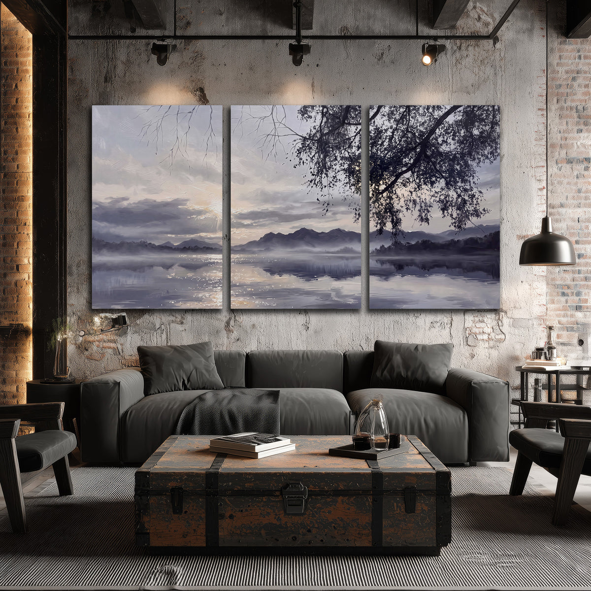 Quiet gray-blue water and dark overhanging branches beneath evening clouds 3 piece canvas wall art displayed in a industrial room