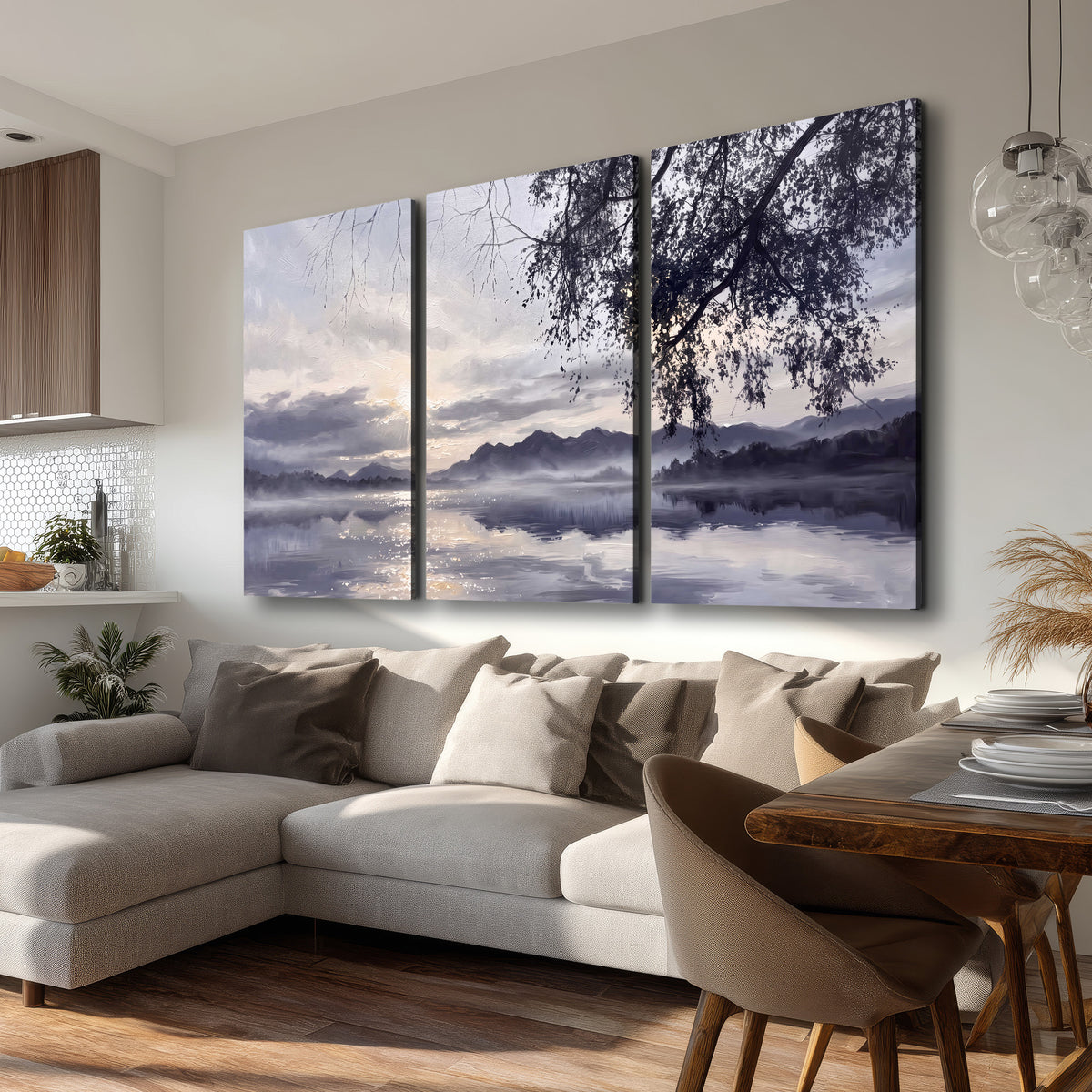 Quiet gray-blue water and dark overhanging branches beneath evening clouds 3 piece canvas wall art room and product view