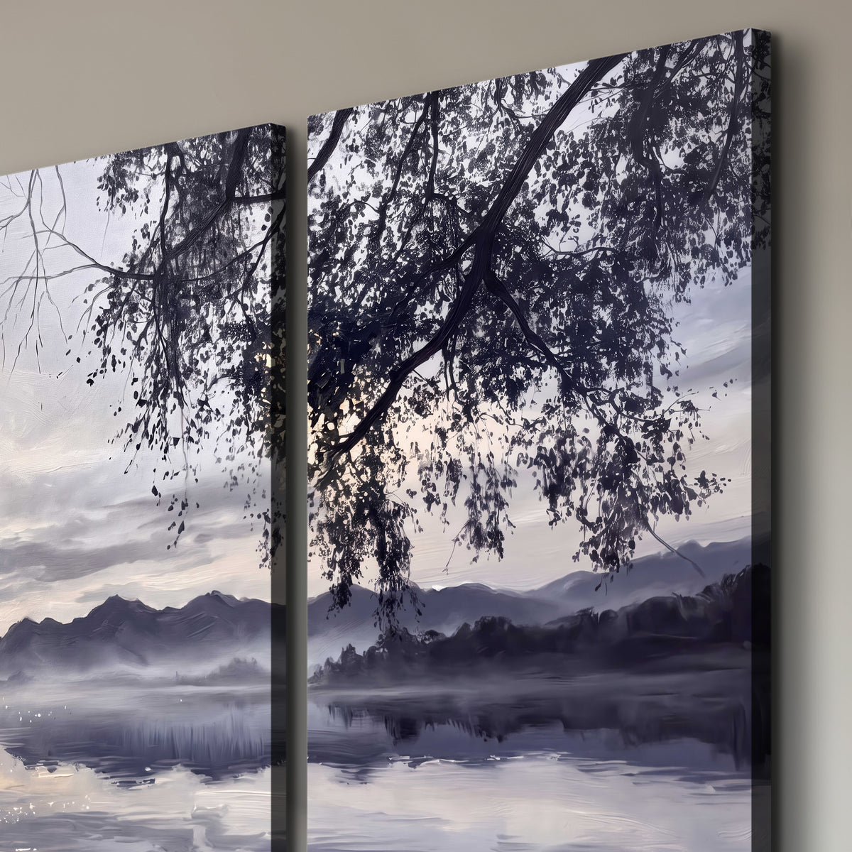 Quiet gray-blue water and dark overhanging branches beneath evening clouds 3 piece canvas wall art room and product view