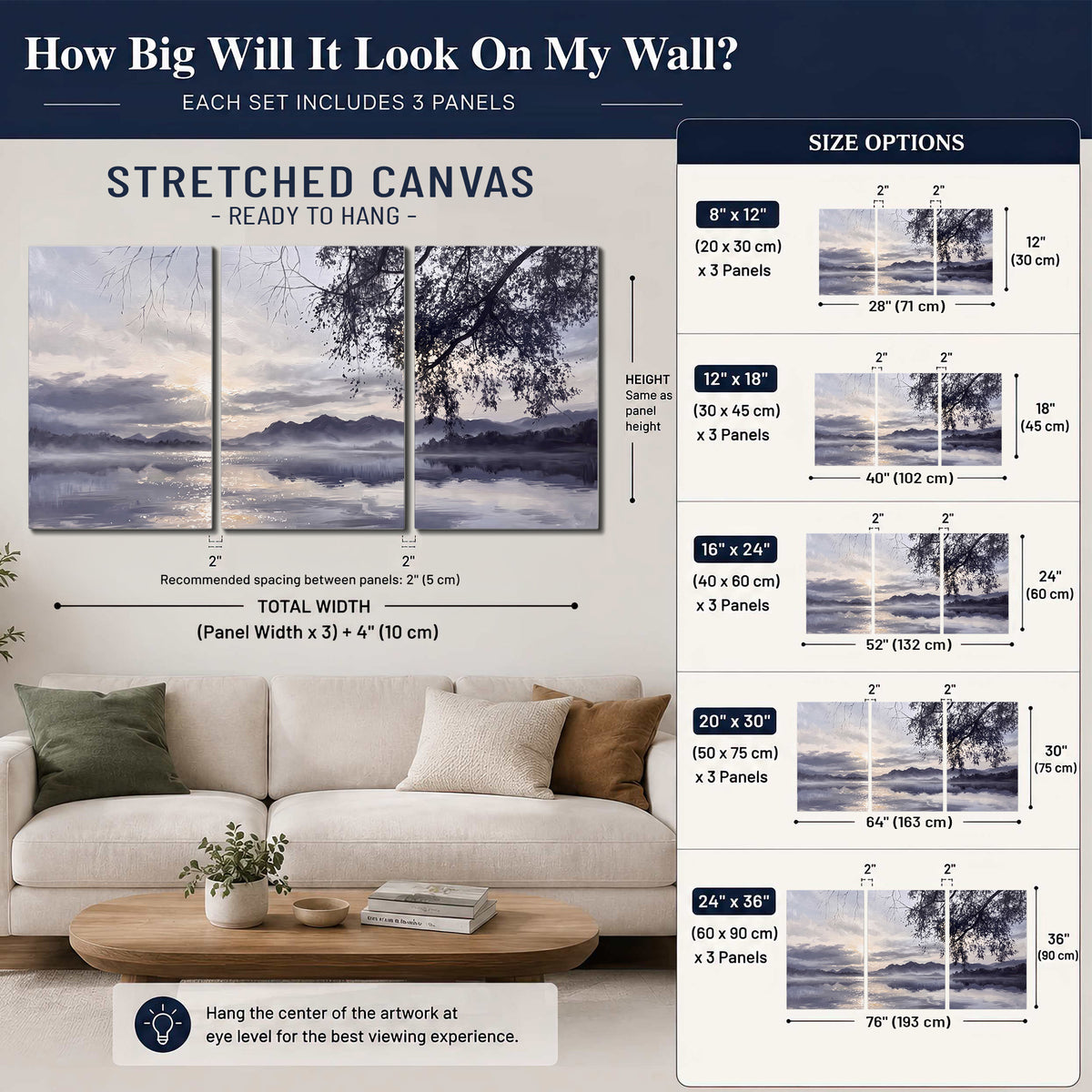 Quiet gray-blue water and dark overhanging branches beneath evening clouds 3 piece canvas wall art size guide above a sofa; room view is illustrative