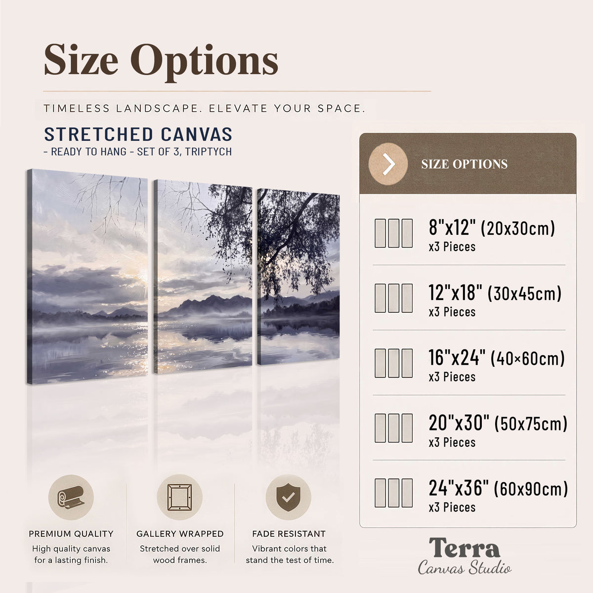 Quiet gray-blue water and dark overhanging branches beneath evening clouds 3 piece canvas wall art available dimensions; triptych dimensions are per panel