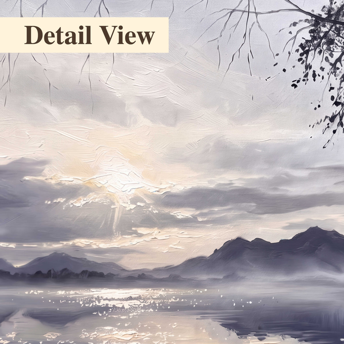 Quiet gray-blue water and dark overhanging branches beneath evening clouds 3 piece canvas wall art artwork detail close up