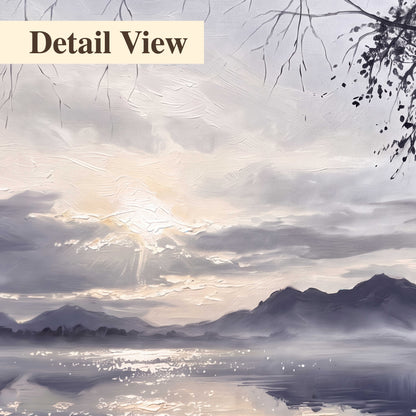Quiet gray-blue water and dark overhanging branches beneath evening clouds 3 piece canvas wall art artwork detail close up