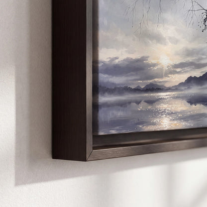 Quiet gray-blue water and dark overhanging branches beneath evening clouds 3 piece framed canvas wall art material and edge close up