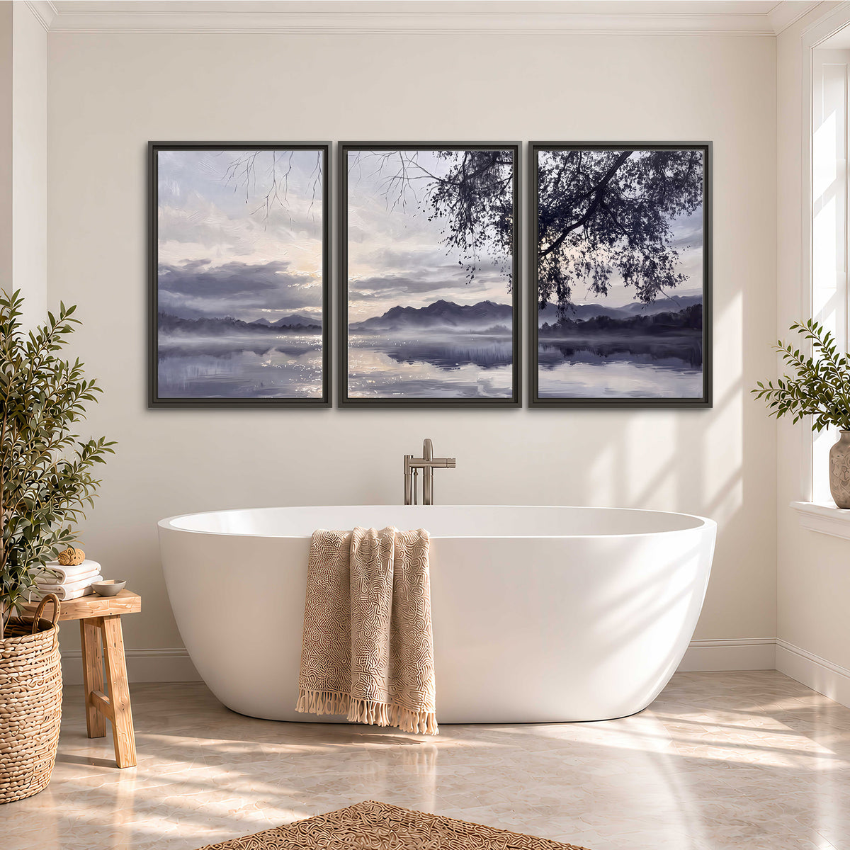 Quiet gray-blue water and dark overhanging branches beneath evening clouds 3 piece framed canvas wall art styled in an interior