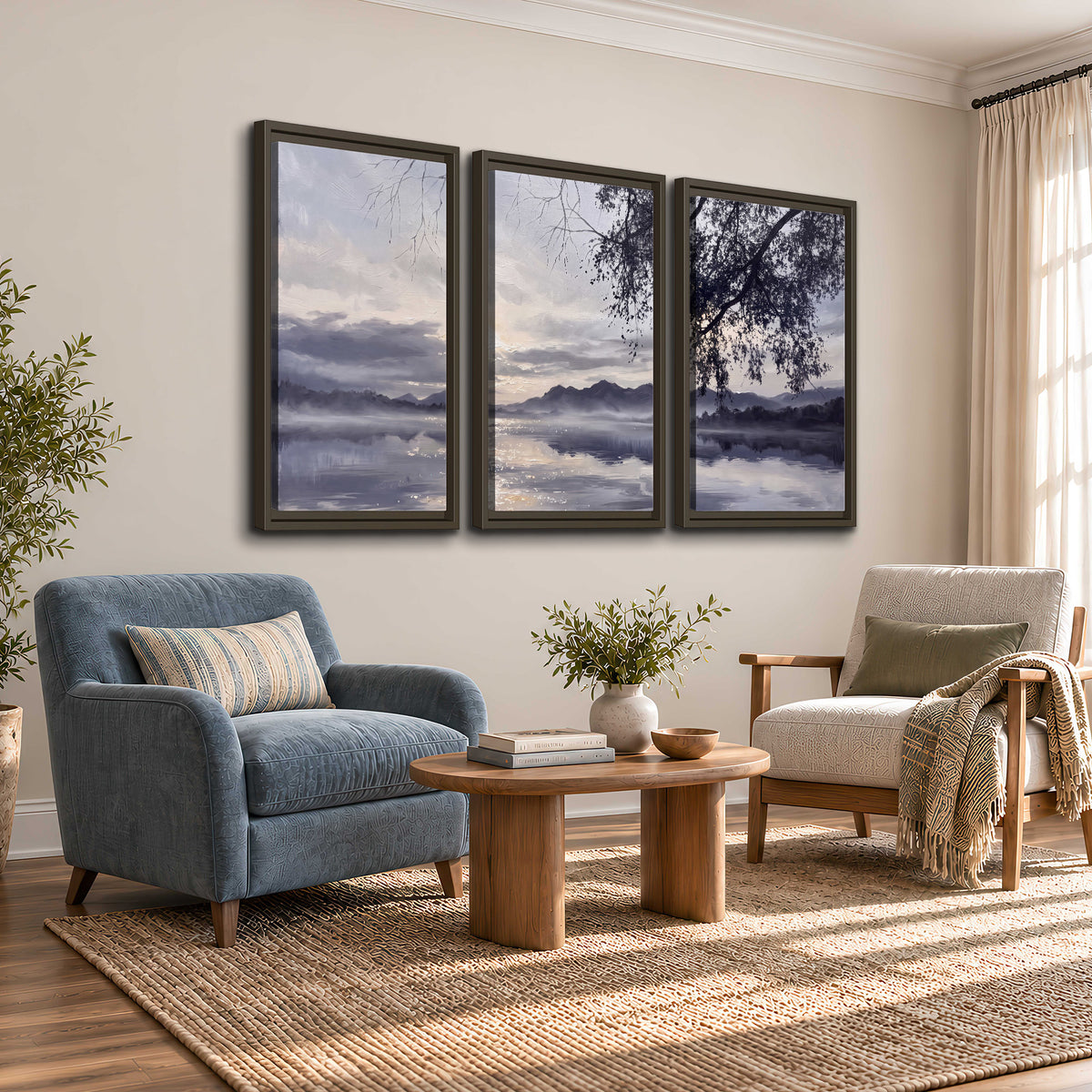 Quiet gray-blue water and dark overhanging branches beneath evening clouds 3 piece framed canvas wall art styled in an interior