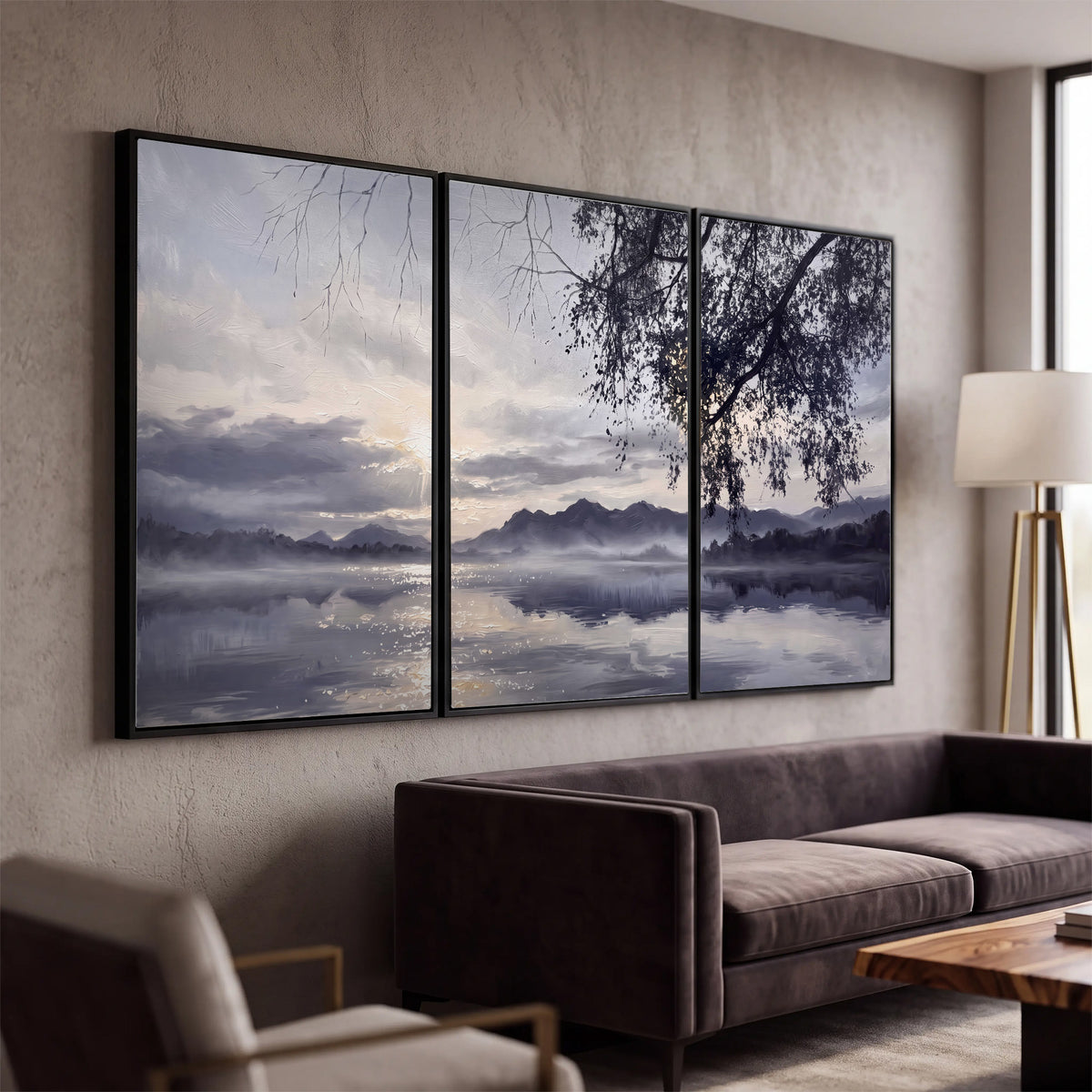 Quiet gray-blue water and dark overhanging branches beneath evening clouds 3 piece framed canvas wall art displayed in a modern living room