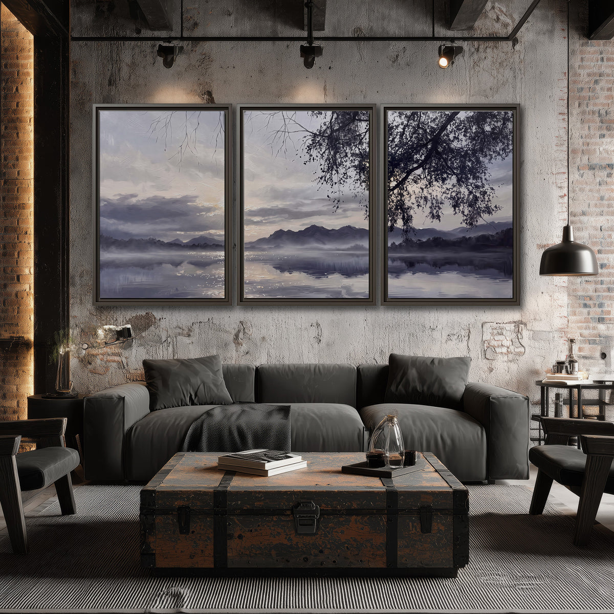 Quiet gray-blue water and dark overhanging branches beneath evening clouds 3 piece framed canvas wall art displayed in a industrial room