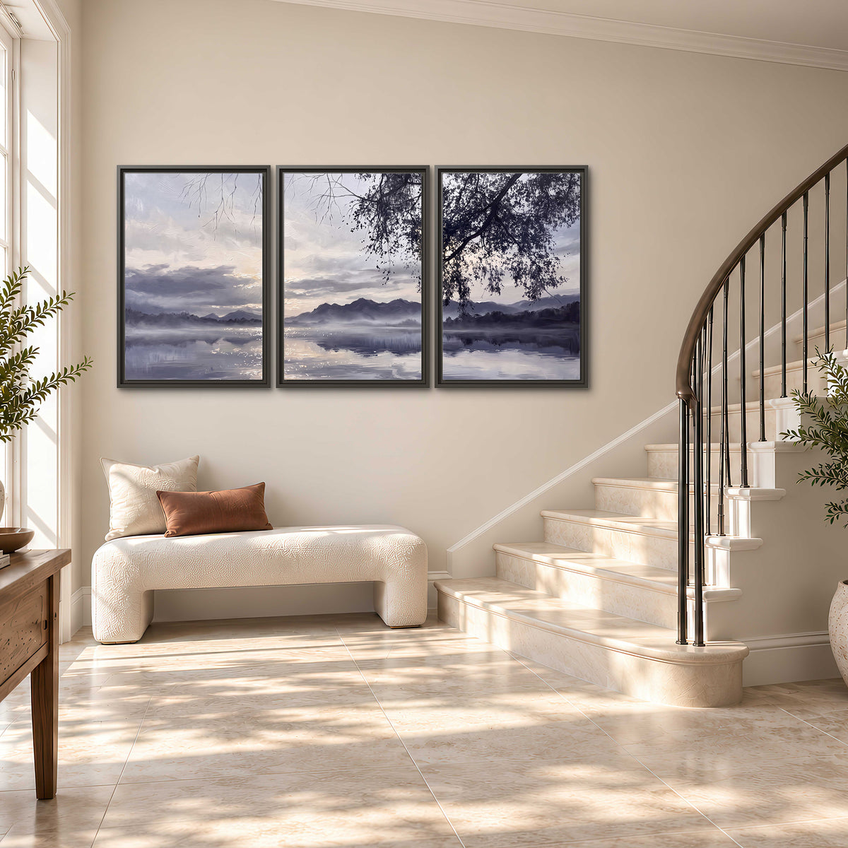 Quiet gray-blue water and dark overhanging branches beneath evening clouds 3 piece framed canvas wall art styled in an interior