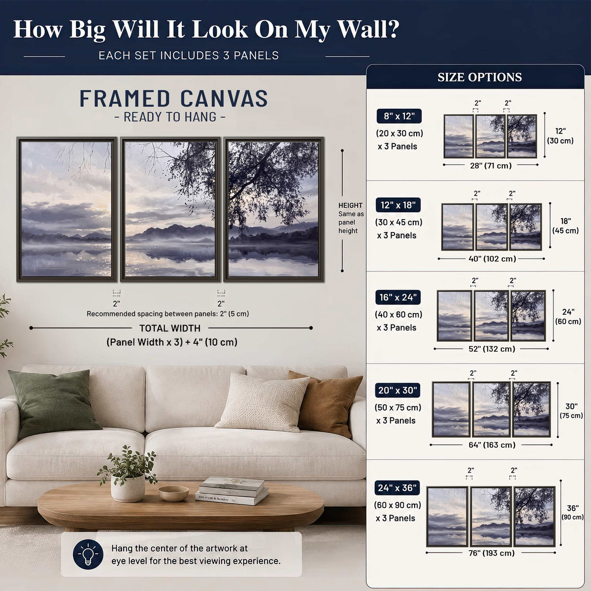 Quiet gray-blue water and dark overhanging branches beneath evening clouds 3 piece framed canvas wall art size guide above a sofa; room view is illustrative