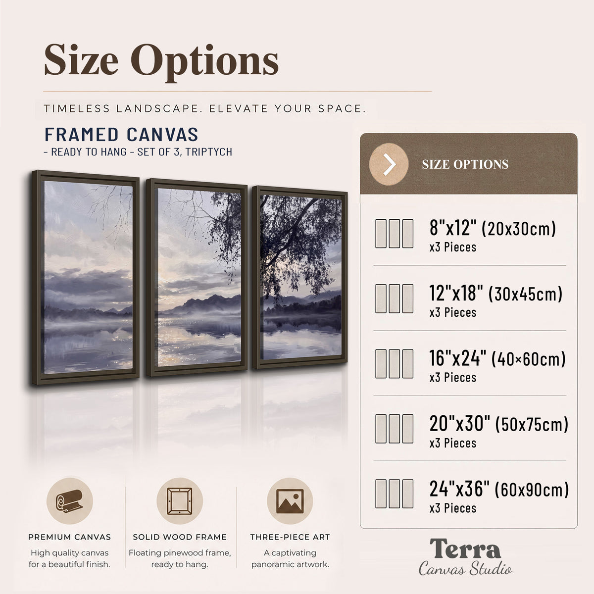 Quiet gray-blue water and dark overhanging branches beneath evening clouds 3 piece framed canvas wall art available dimensions; triptych dimensions are per panel