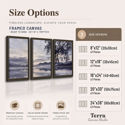 Quiet gray-blue water and dark overhanging branches beneath evening clouds 3 piece framed canvas wall art available dimensions; triptych dimensions are per panel