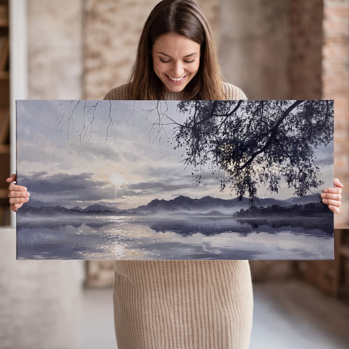 Quiet gray-blue water and dark overhanging branches beneath evening clouds single canvas wall art held in hands