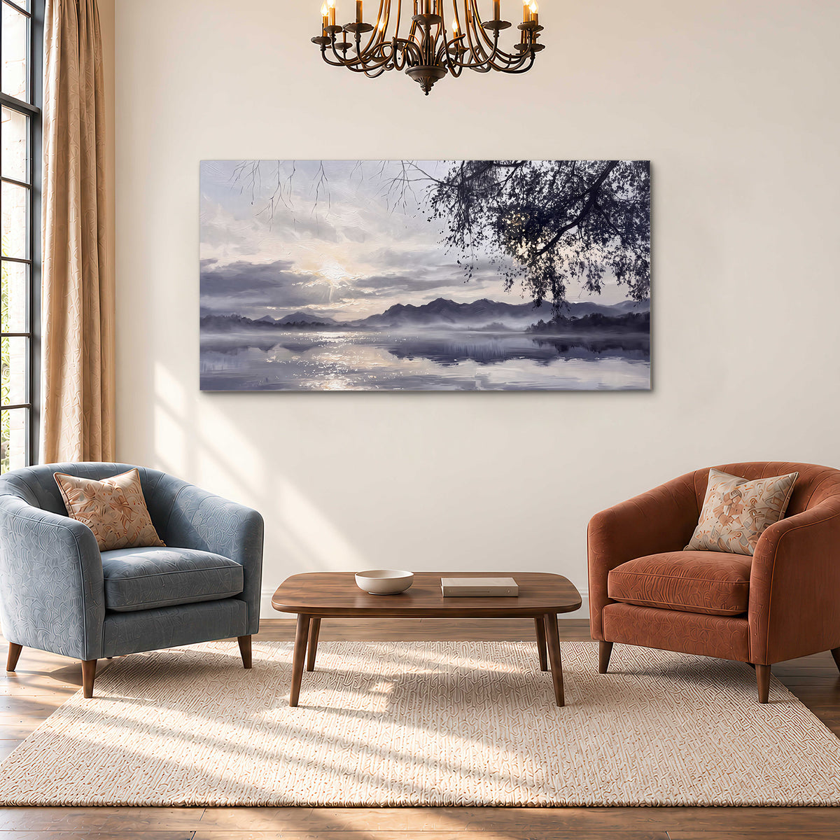 Quiet gray-blue water and dark overhanging branches beneath evening clouds single canvas wall art styled in an interior