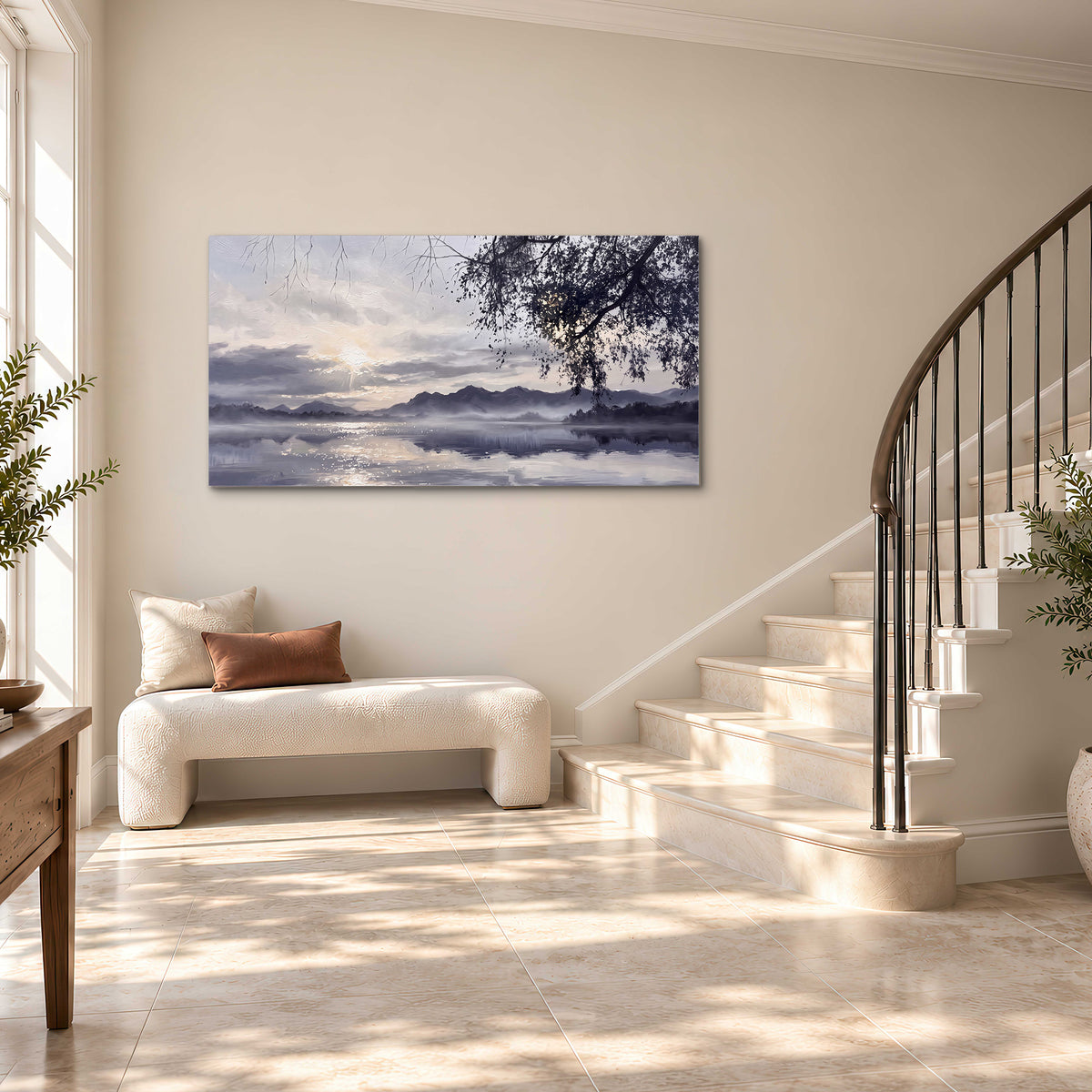 Quiet gray-blue water and dark overhanging branches beneath evening clouds single canvas wall art styled in an interior