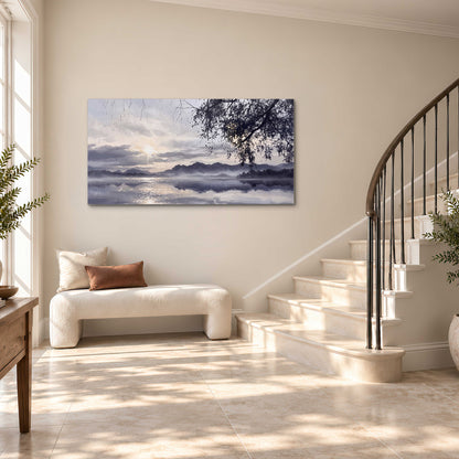 Quiet gray-blue water and dark overhanging branches beneath evening clouds single canvas wall art styled in an interior