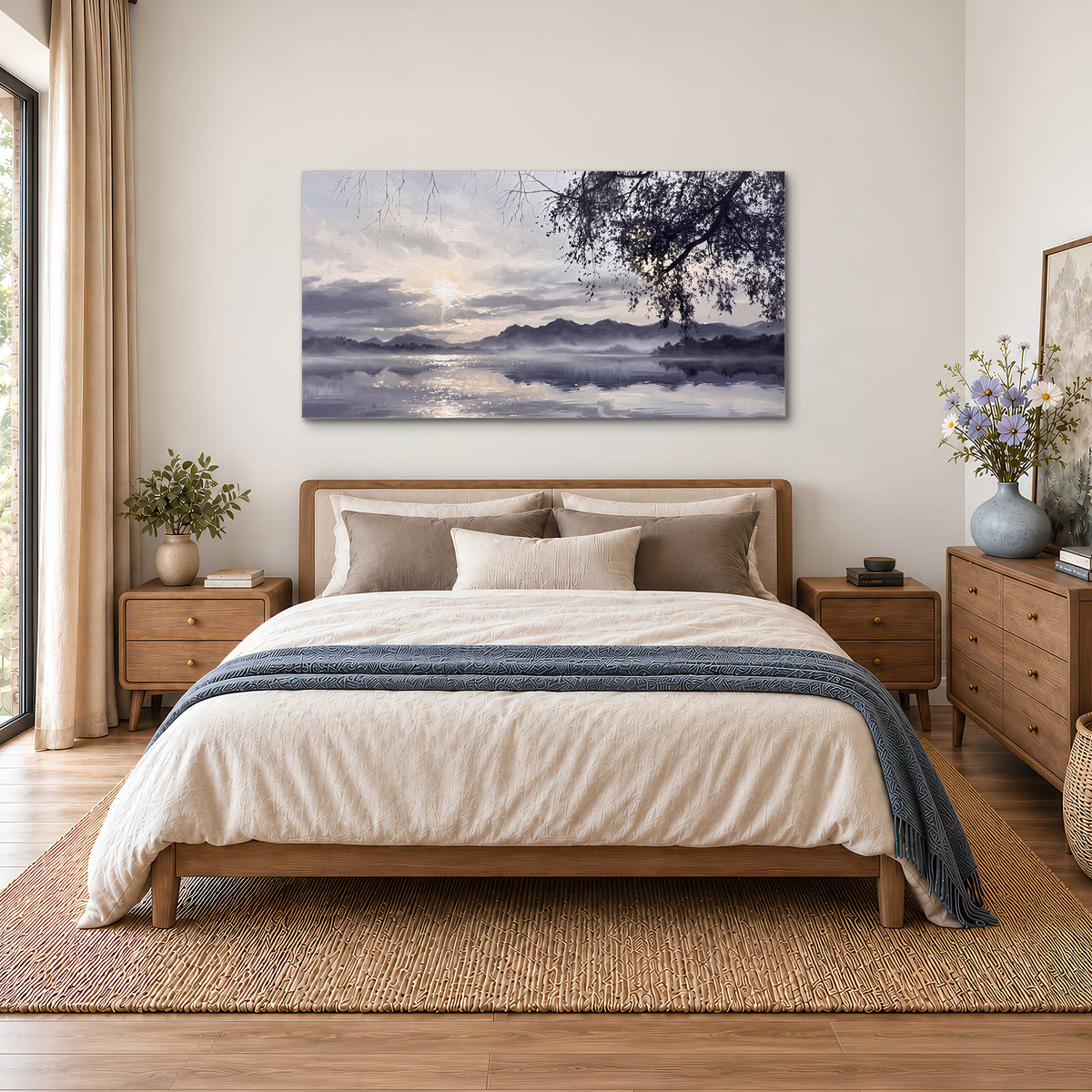 Quiet gray-blue water and dark overhanging branches beneath evening clouds single canvas wall art styled in an interior
