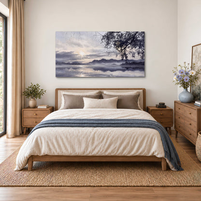 Quiet gray-blue water and dark overhanging branches beneath evening clouds single canvas wall art styled in an interior