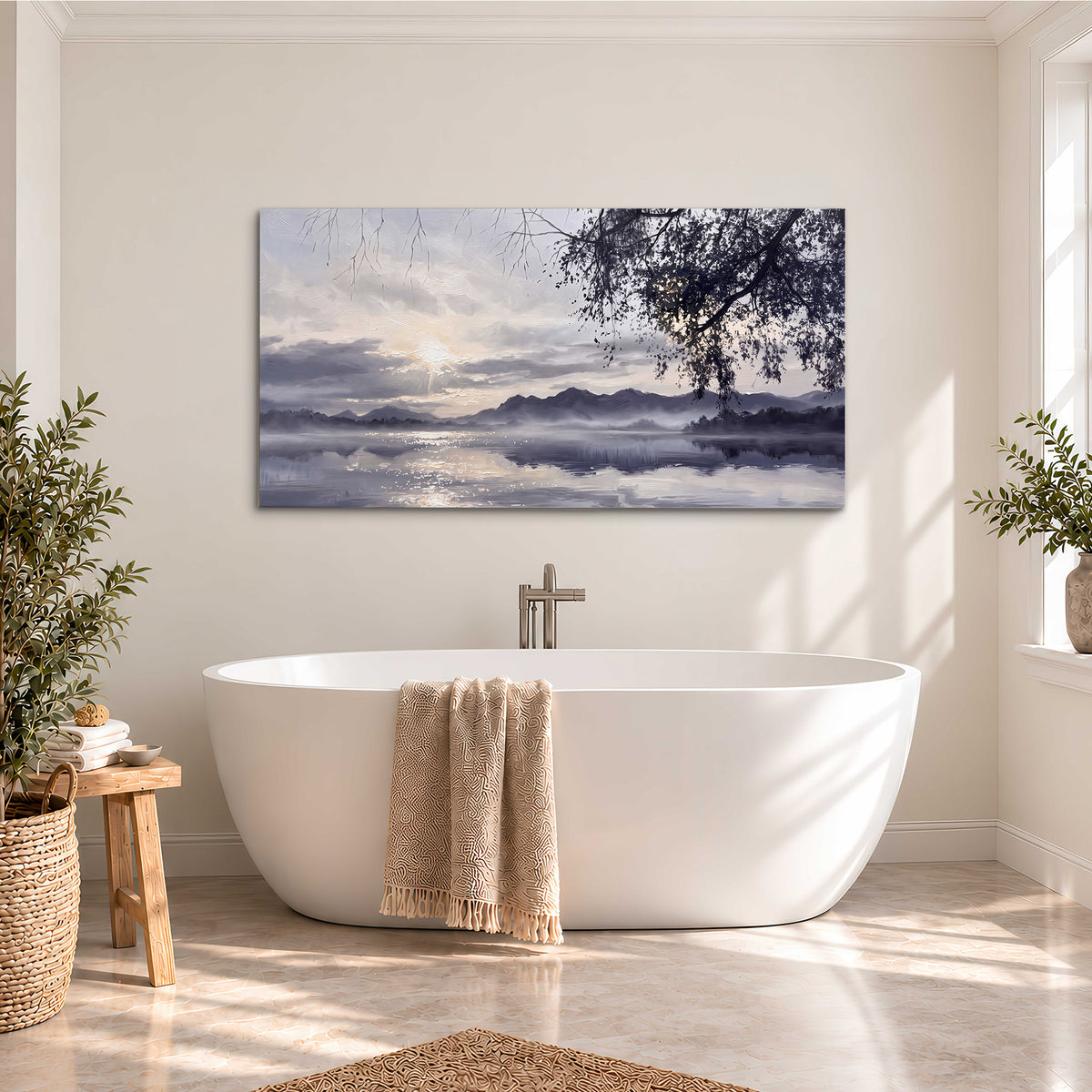 Quiet gray-blue water and dark overhanging branches beneath evening clouds single canvas wall art styled in an interior