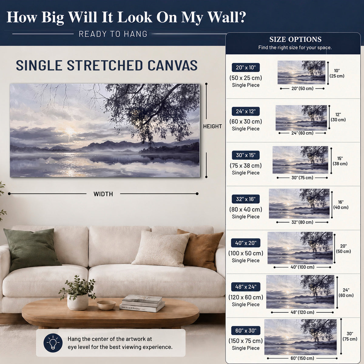Quiet gray-blue water and dark overhanging branches beneath evening clouds single canvas wall art size guide above a sofa; room view is illustrative