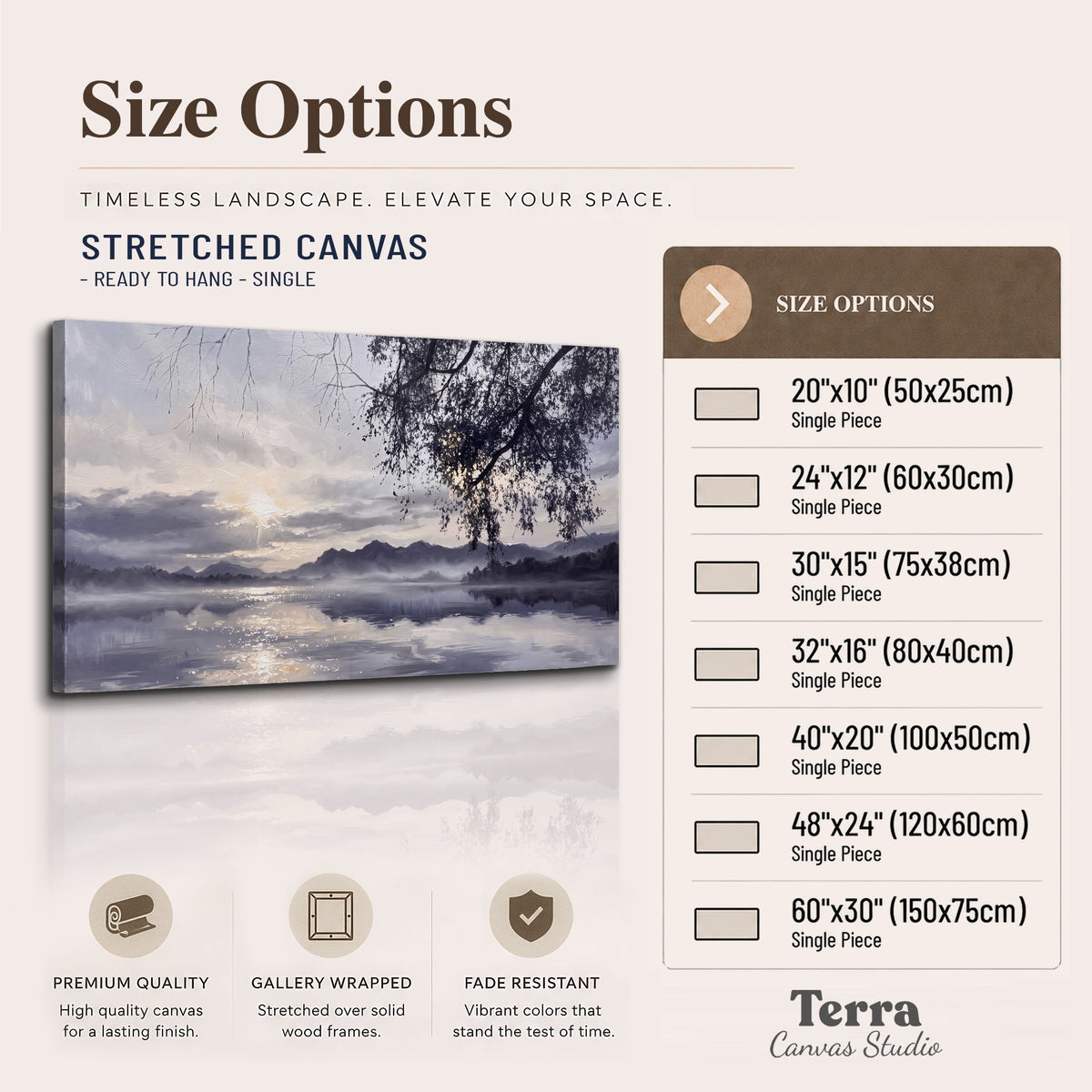 Quiet gray-blue water and dark overhanging branches beneath evening clouds single canvas wall art available dimensions