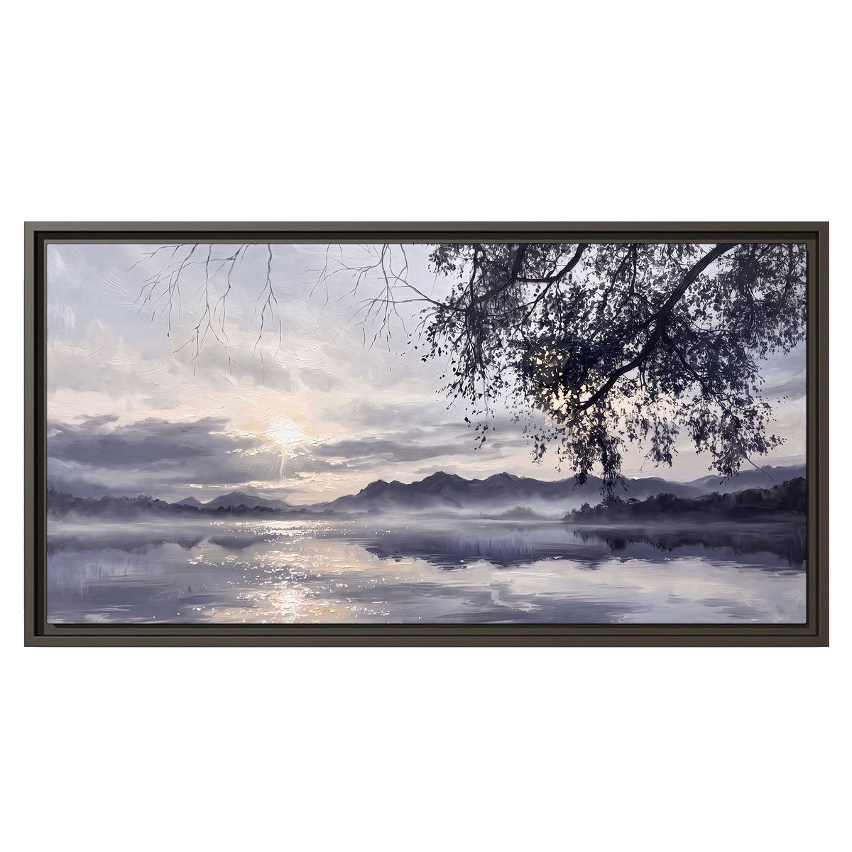 Quiet gray-blue water and dark overhanging branches beneath evening clouds single framed canvas wall art viewed straight on
