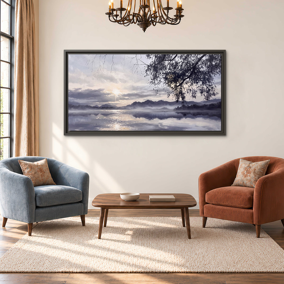 Quiet gray-blue water and dark overhanging branches beneath evening clouds single framed canvas wall art styled in an interior