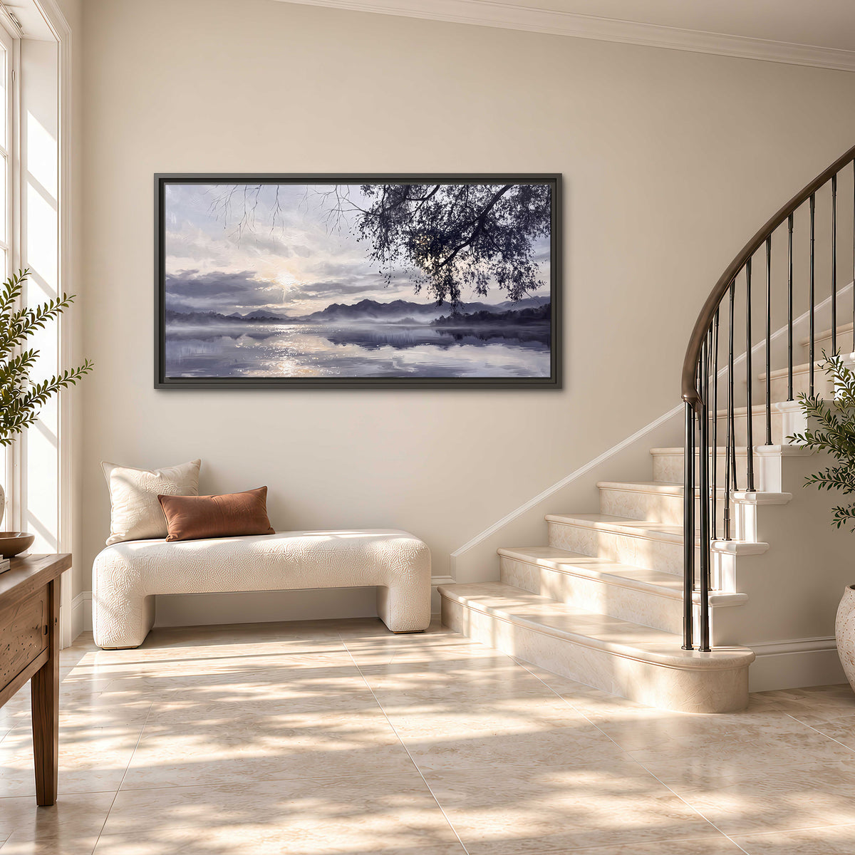 Quiet gray-blue water and dark overhanging branches beneath evening clouds single framed canvas wall art styled in an interior