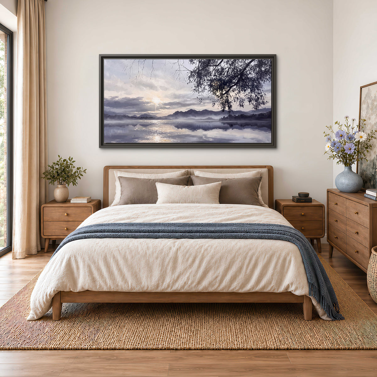 Quiet gray-blue water and dark overhanging branches beneath evening clouds single framed canvas wall art styled in an interior