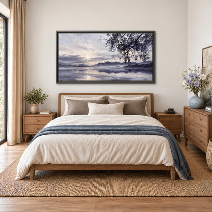 Quiet gray-blue water and dark overhanging branches beneath evening clouds single framed canvas wall art styled in an interior