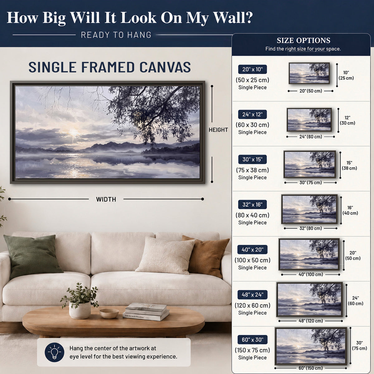 Quiet gray-blue water and dark overhanging branches beneath evening clouds single framed canvas wall art size guide above a sofa; room view is illustrative