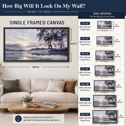 Quiet gray-blue water and dark overhanging branches beneath evening clouds single framed canvas wall art size guide above a sofa; room view is illustrative