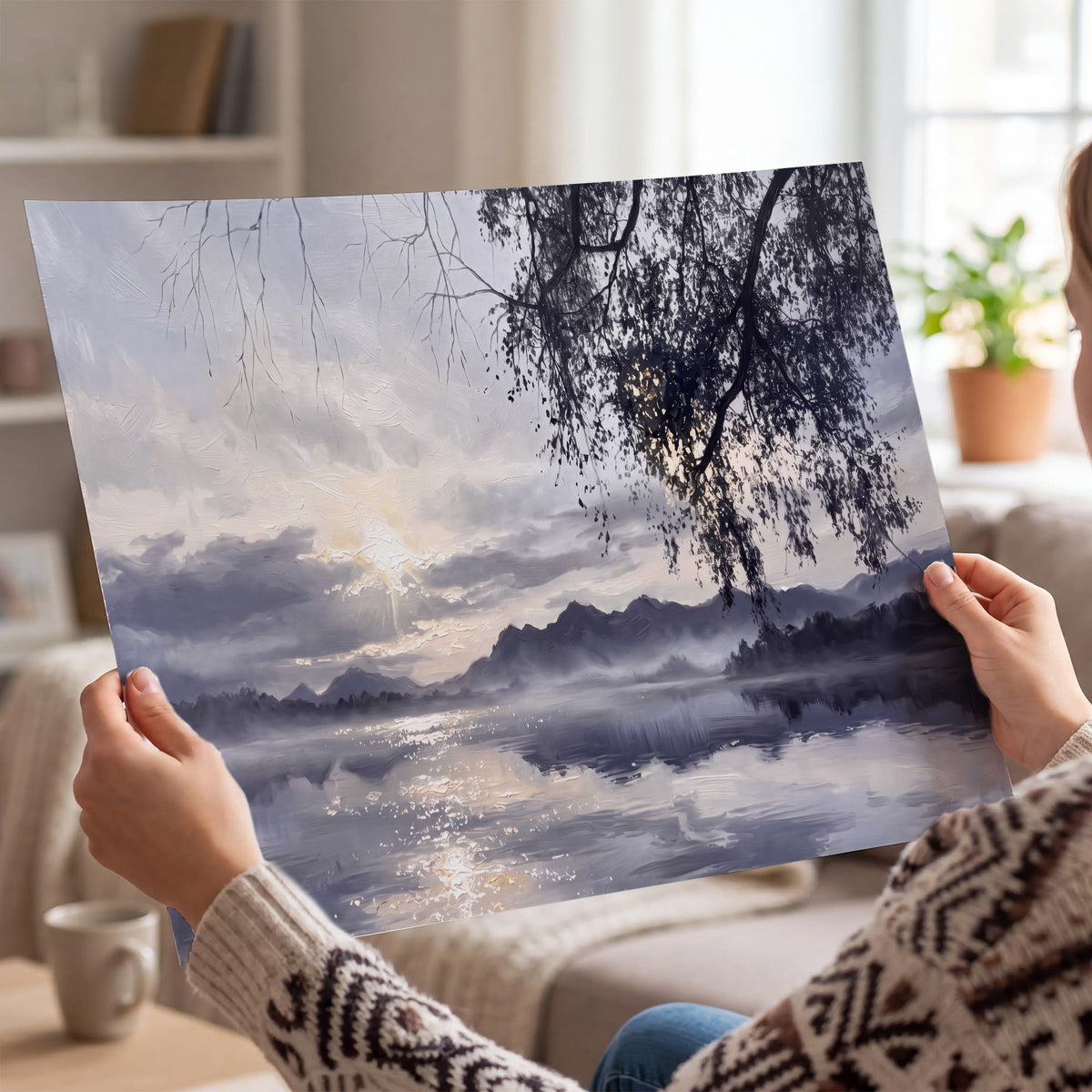 Quiet gray-blue water and dark overhanging branches beneath evening clouds single poster print held in hands