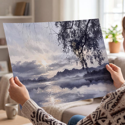 Quiet gray-blue water and dark overhanging branches beneath evening clouds single poster print held in hands