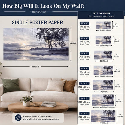 Quiet gray-blue water and dark overhanging branches beneath evening clouds single poster print size guide above a sofa; room view is illustrative