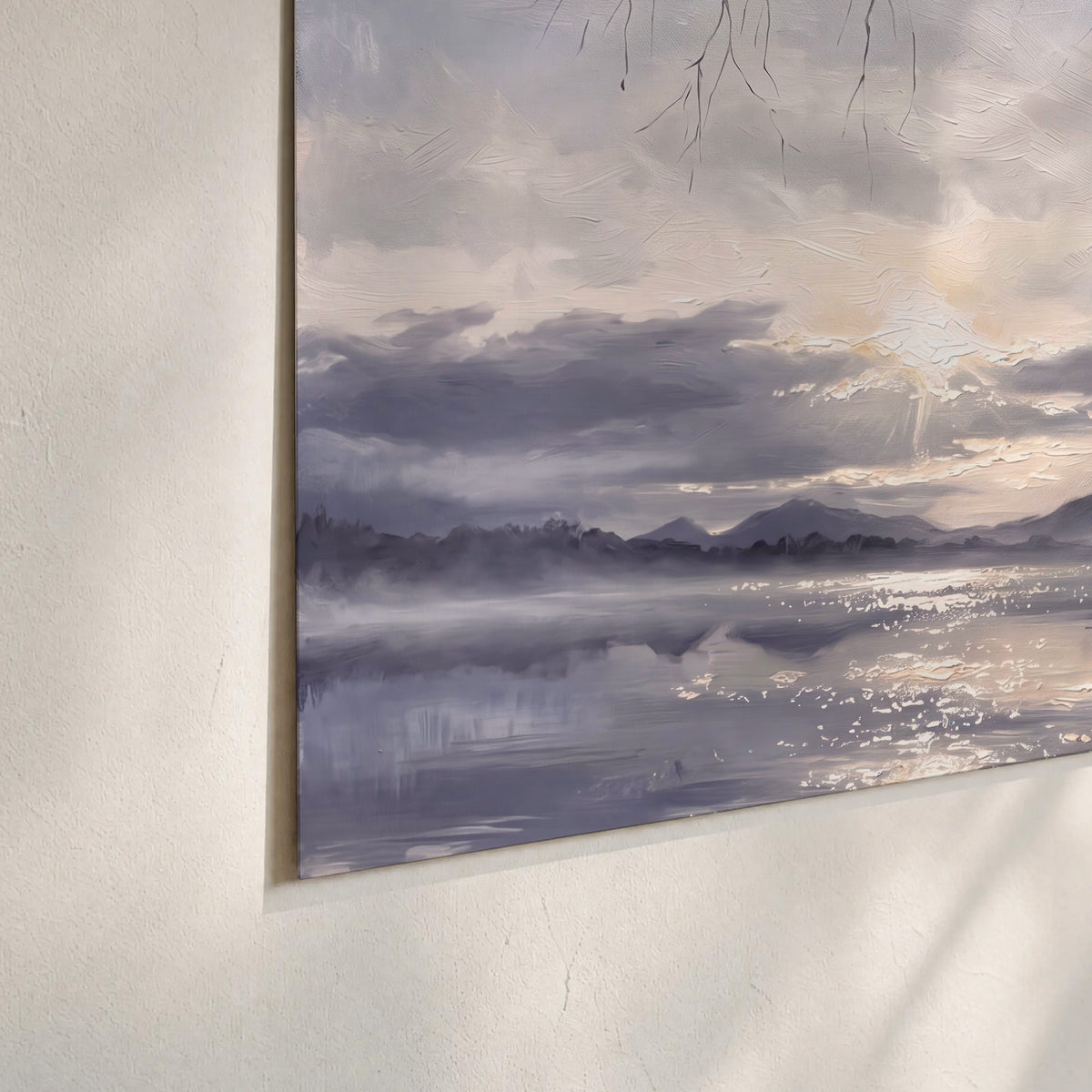Quiet gray-blue water and dark overhanging branches beneath evening clouds set of 3 poster prints material and edge close up