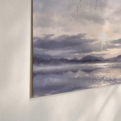 Quiet gray-blue water and dark overhanging branches beneath evening clouds set of 3 poster prints material and edge close up