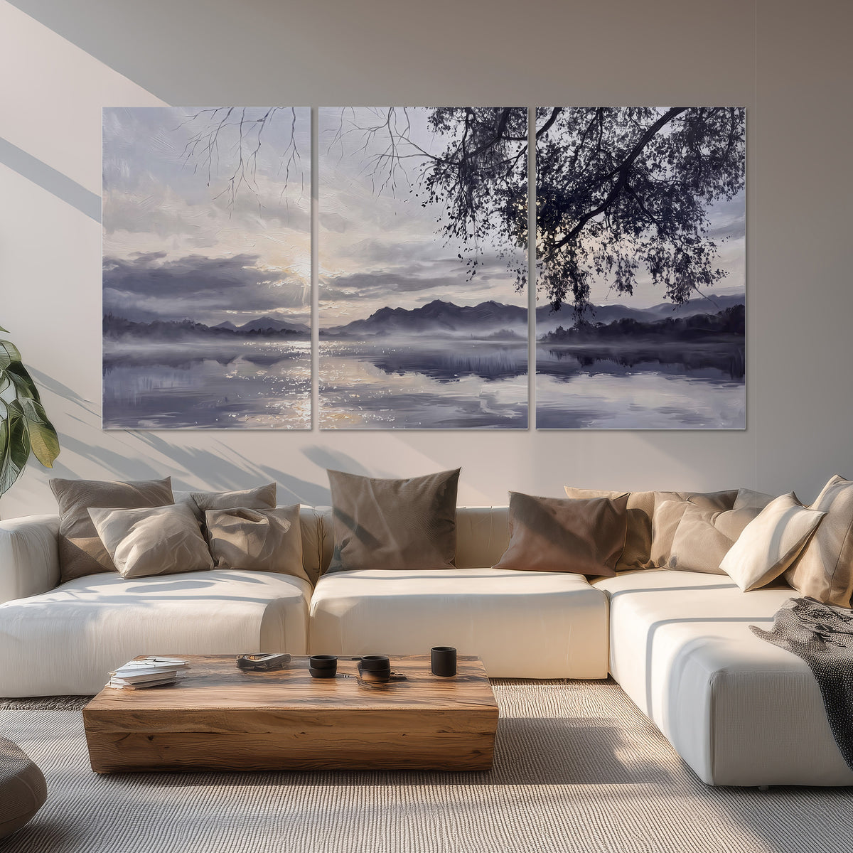 Quiet gray-blue water and dark overhanging branches beneath evening clouds set of 3 poster prints displayed in a living room