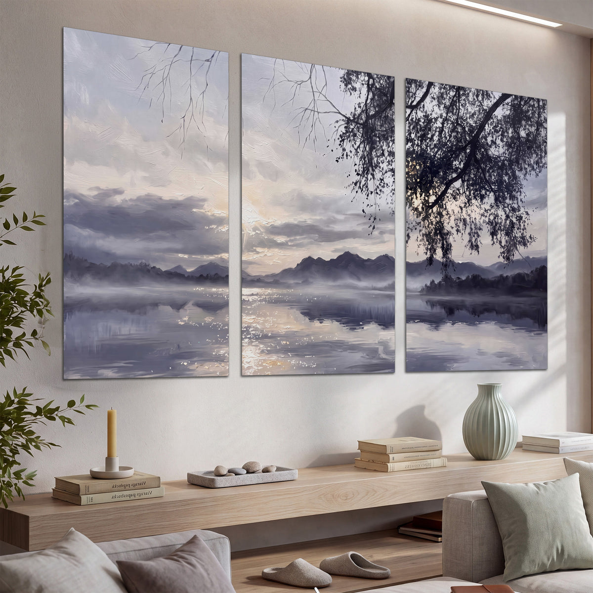 Quiet gray-blue water and dark overhanging branches beneath evening clouds set of 3 poster prints displayed in a console