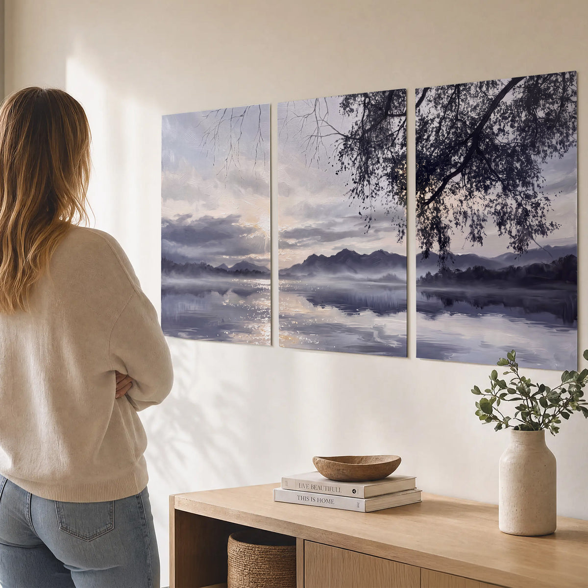 Quiet gray-blue water and dark overhanging branches beneath evening clouds set of 3 poster prints three panel arrangement on a wall