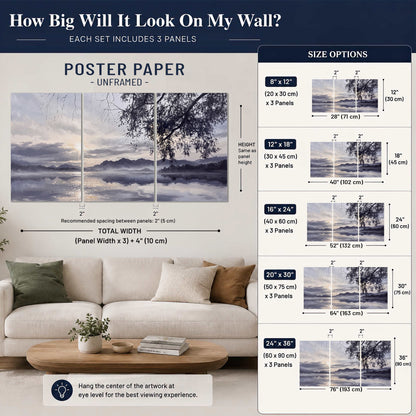 Quiet gray-blue water and dark overhanging branches beneath evening clouds set of 3 poster prints size guide above a sofa; room view is illustrative