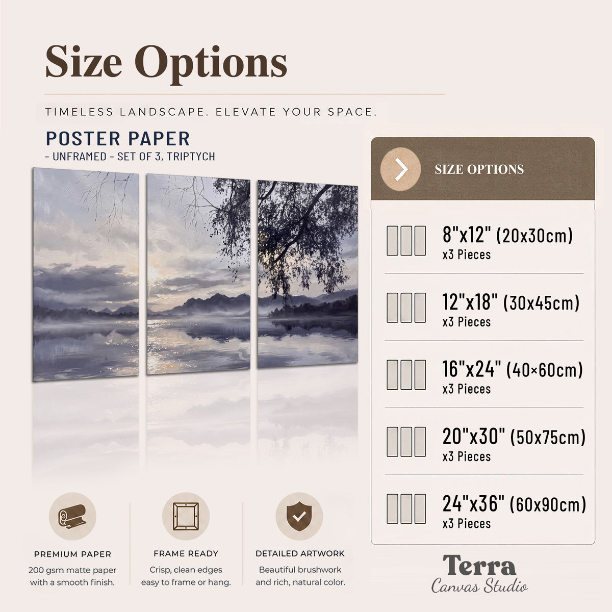 Quiet gray-blue water and dark overhanging branches beneath evening clouds set of 3 poster prints available dimensions; triptych dimensions are per panel