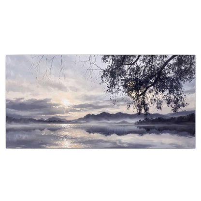 Quiet gray-blue water and dark overhanging branches beneath evening clouds single canvas wall art viewed straight on